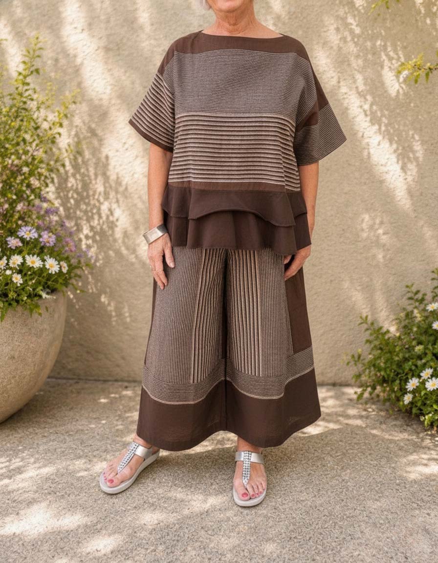 New Arrival🔥Women's Loose Casual Striped Two-Piece Set with Tiered Hem Top & Wide-Leg Pants