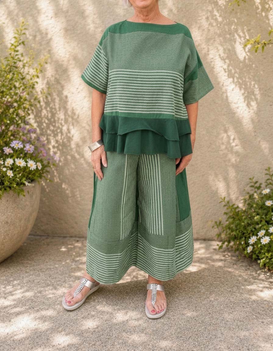 New Arrival🔥Women's Loose Casual Striped Two-Piece Set with Tiered Hem Top & Wide-Leg Pants
