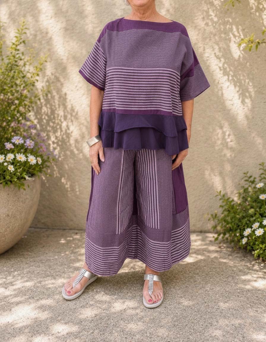 New Arrival🔥Women's Loose Casual Striped Two-Piece Set with Tiered Hem Top & Wide-Leg Pants