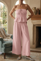 New Arrivals🔥Two Piece Linen Set Breezy Strapless Top Wide Leg Pull On Pants