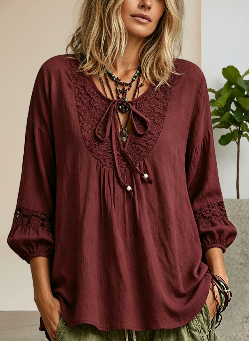 New Arrivals🔥Lace Panel Cotton Linen Tie Detail Top