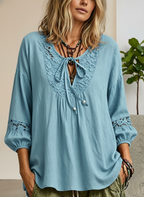 New Arrivals🔥Lace Panel Cotton Linen Tie Detail Top
