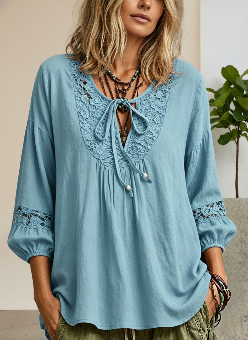 New Arrivals🔥Lace Panel Cotton Linen Tie Detail Top