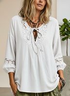 New Arrivals🔥Lace Panel Cotton Linen Tie Detail Top