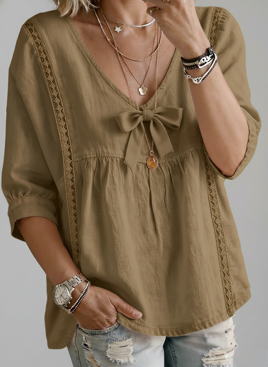 New Arrivals🔥 V-Neck Lace Trim Bow Front Top