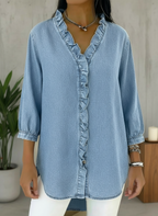 CLEARANCE SALE✨Denim V Neck Ruffle Hem Blouse