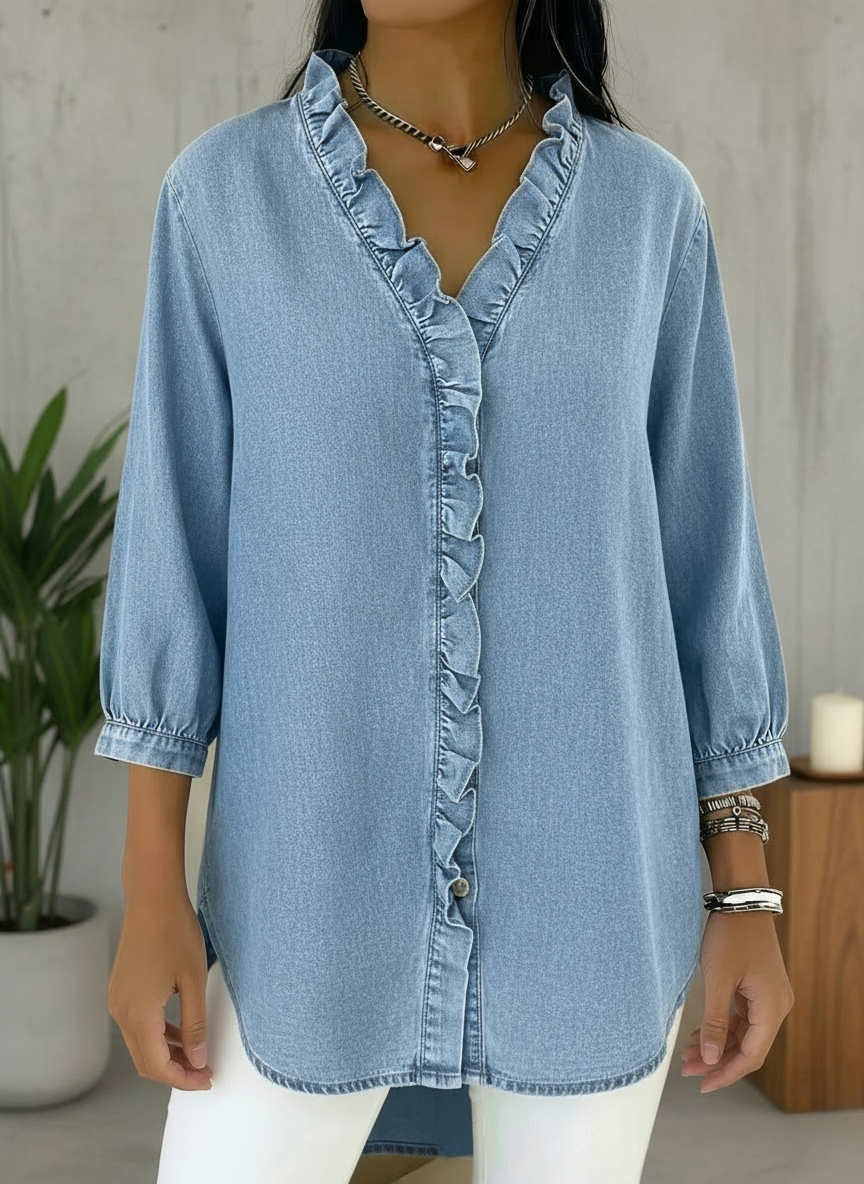 CLEARANCE SALE✨Denim V Neck Ruffle Hem Blouse