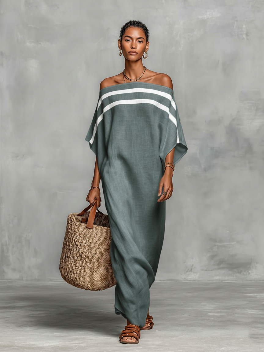 Minimalist Linen-Blend Off-Shoulder Batwing Maxi Dress
