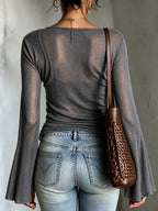Sheer Mesh Wrap Bell Sleeve Top