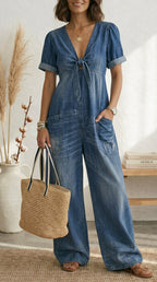 Lola | Blue V-Neck Wide-Leg Jumpsuit