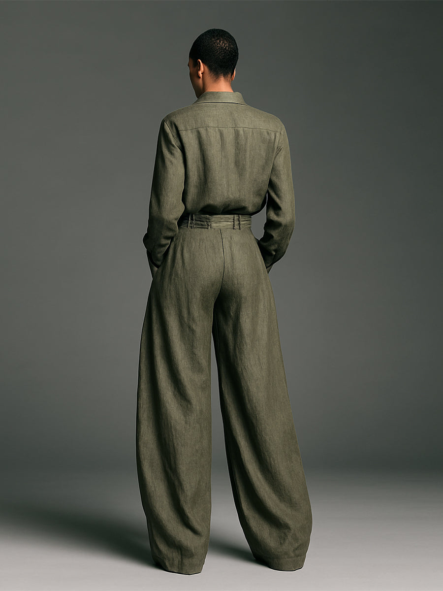 Women's Fashion Cotton And Linen Blended Long Sleeve Shirt Wide Leg Pants Two-Piece Set