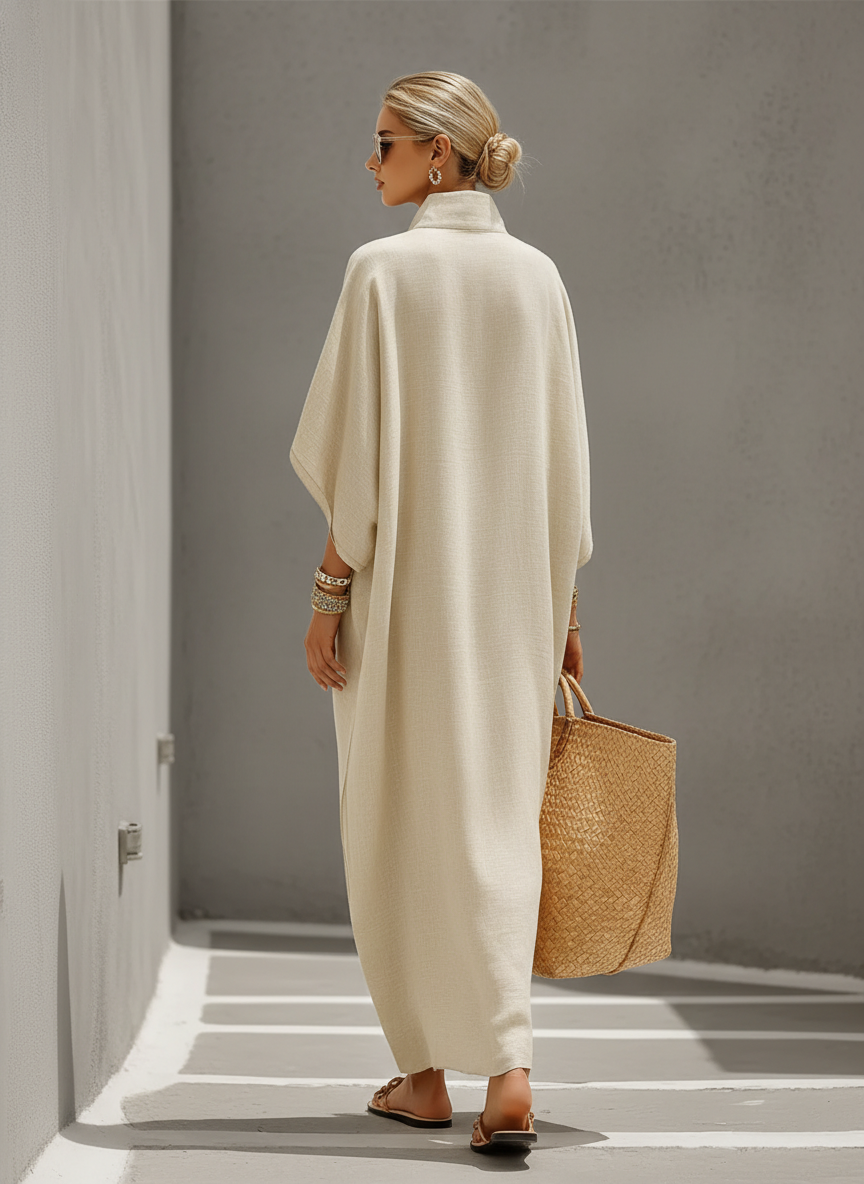 Mandarin Collar Linen Maxi Dress