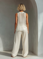 Semi-sheer Chiffon Sleeveless Top & Cotton And Linen Blend Drawstring Wide-Leg Trousers