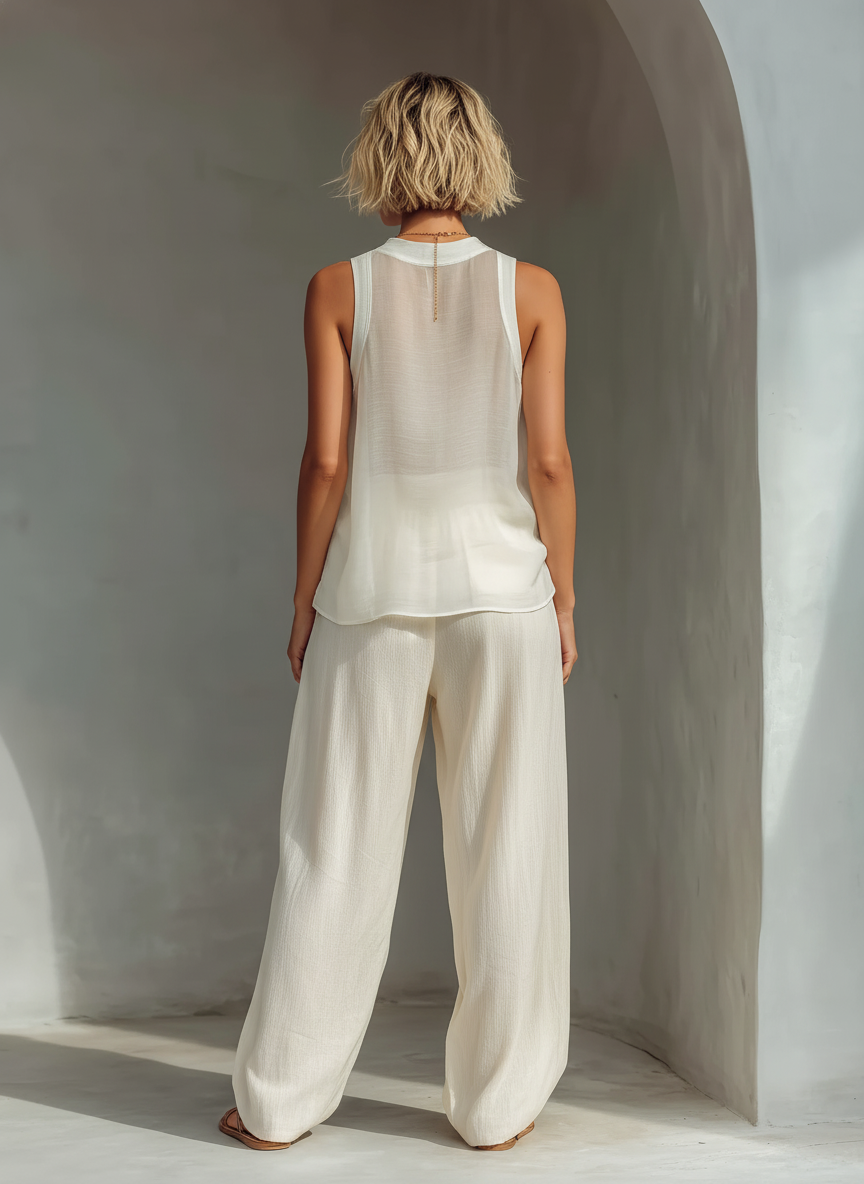 Semi-sheer Chiffon Sleeveless Top & Cotton And Linen Blend Drawstring Wide-Leg Trousers