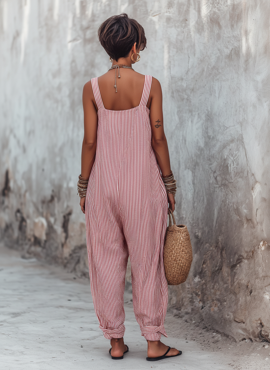 Minimalist Striped Square Neck Sleeveless Jumpsuit