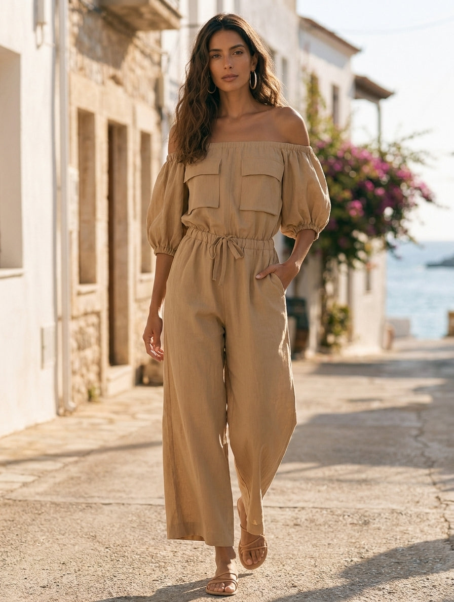 Off-Shoulder Drawstring Wide-Leg Jumpsuit