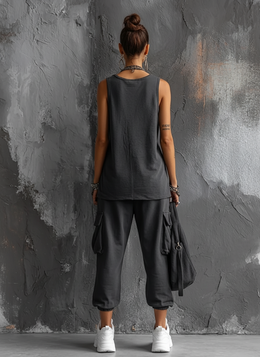 Casual Style Dark Gray Cotton Blend Sleeveless Top + Jogger Cargo Pants Set
