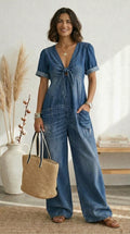 Lola | Blue V-Neck Wide-Leg Jumpsuit