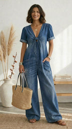 Lola | Blue V-Neck Wide-Leg Jumpsuit
