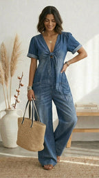 Lola | Blue V-Neck Wide-Leg Jumpsuit
