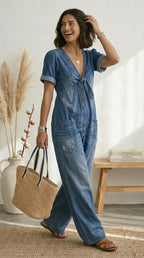 Lola | Blue V-Neck Wide-Leg Jumpsuit