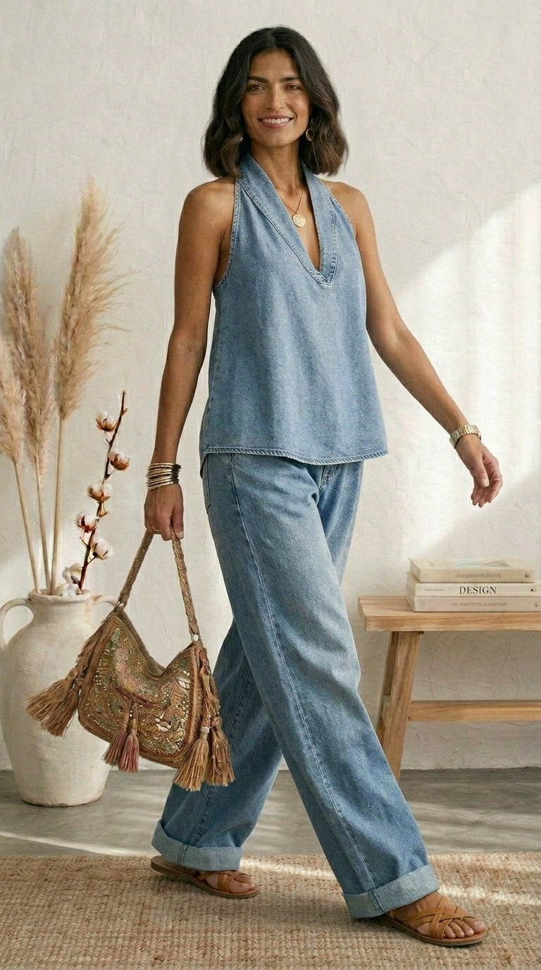 Ariadna | Blue Summer Wide-Leg Trousers Set