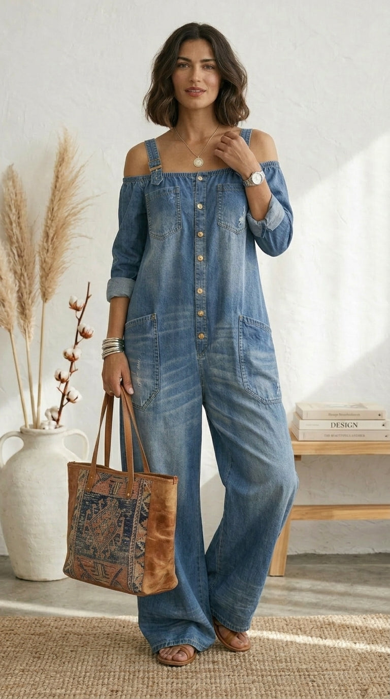 Ruth | Blue Off-Shoulder Wide-Leg Jumpsuit