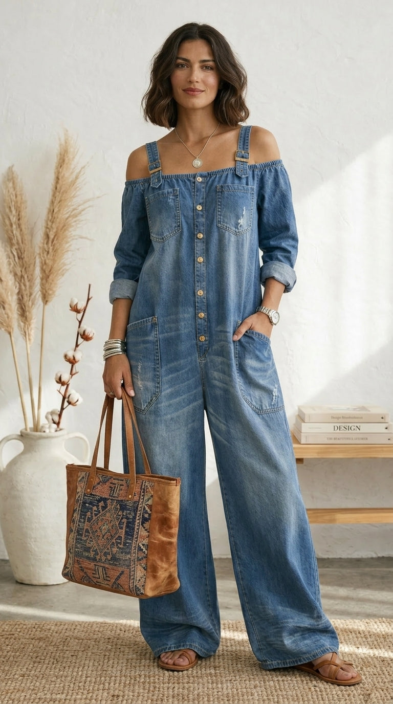 Ruth | Blue Off-Shoulder Wide-Leg Jumpsuit