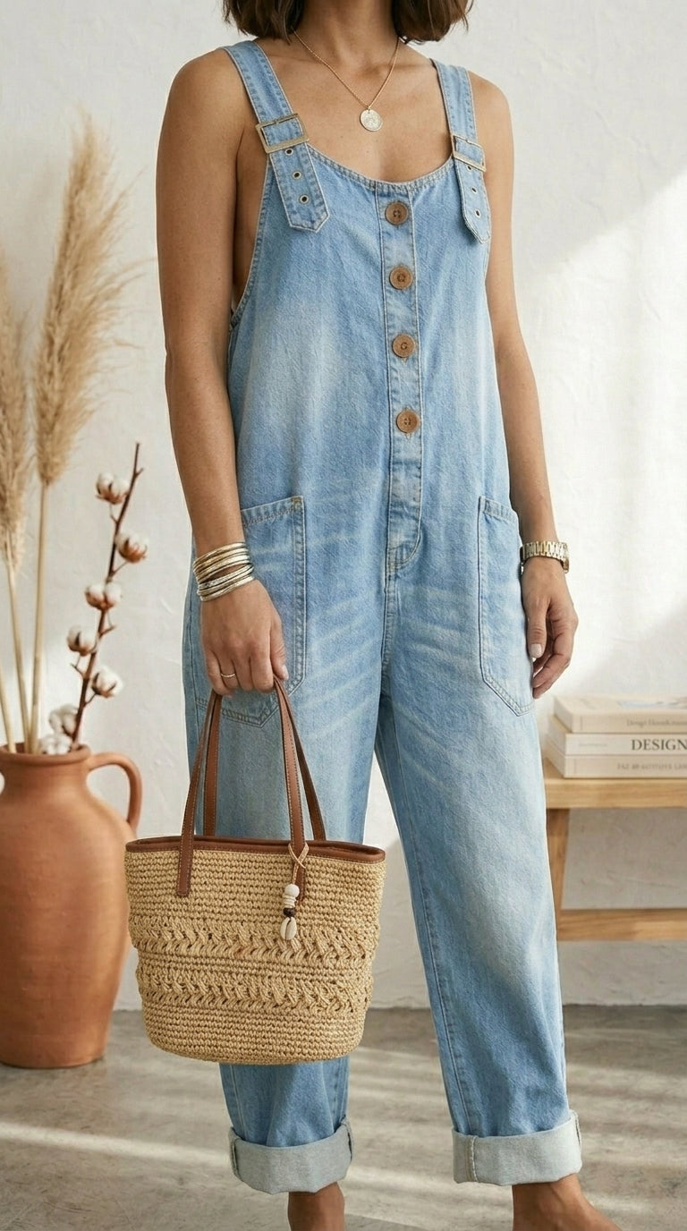 Pilar | Vintage Blue Dungarees with Adjustable Straps