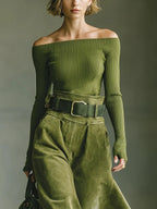 Olive Green Off-Shoulder Top & Faux Suede Skirt Set