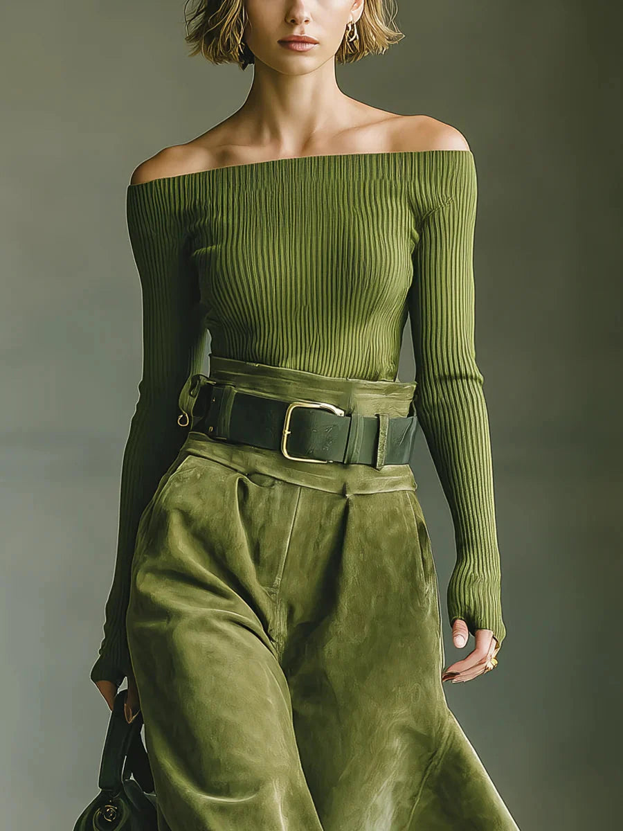Olive Green Off-Shoulder Top & Faux Suede Skirt Set