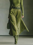 Olive Green Off-Shoulder Top & Faux Suede Skirt Set