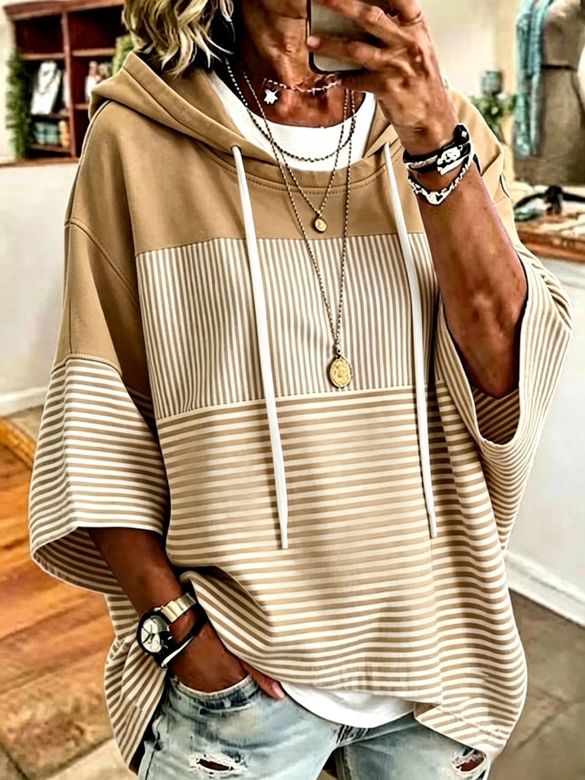 New Arrivals🔥Women Striped Half Sleeve Casual Daily Spring/Fall Hoodie