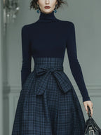 Dark Blue Turtleneck Stretch Top And Plaid Skirt Set