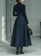 Dark Blue Turtleneck Stretch Top And Plaid Skirt Set