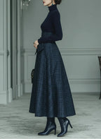 Dark Blue Turtleneck Stretch Top And Plaid Skirt Set