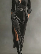 Elegant Corduroy Dress with Tie Neck and Side Slits
