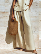 Beige V-neck Sleeveless Loose Vest And Wide-leg Pants Two-piece Set