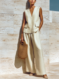 Beige V-neck Sleeveless Loose Vest And Wide-leg Pants Two-piece Set