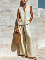 Beige V-neck Sleeveless Loose Vest And Wide-leg Pants Two-piece Set