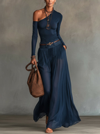 Navy One-Shoulder Chiffon Skirt Set