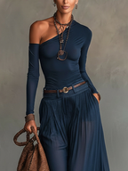 Navy One-Shoulder Chiffon Skirt Set