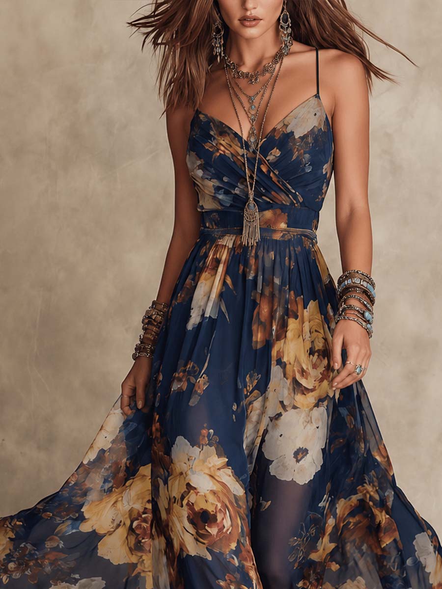 Navy Floral Chiffon Strap Dress