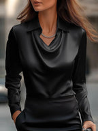 Solid Satin Floral Print Simple Swing Collar Shirt Top