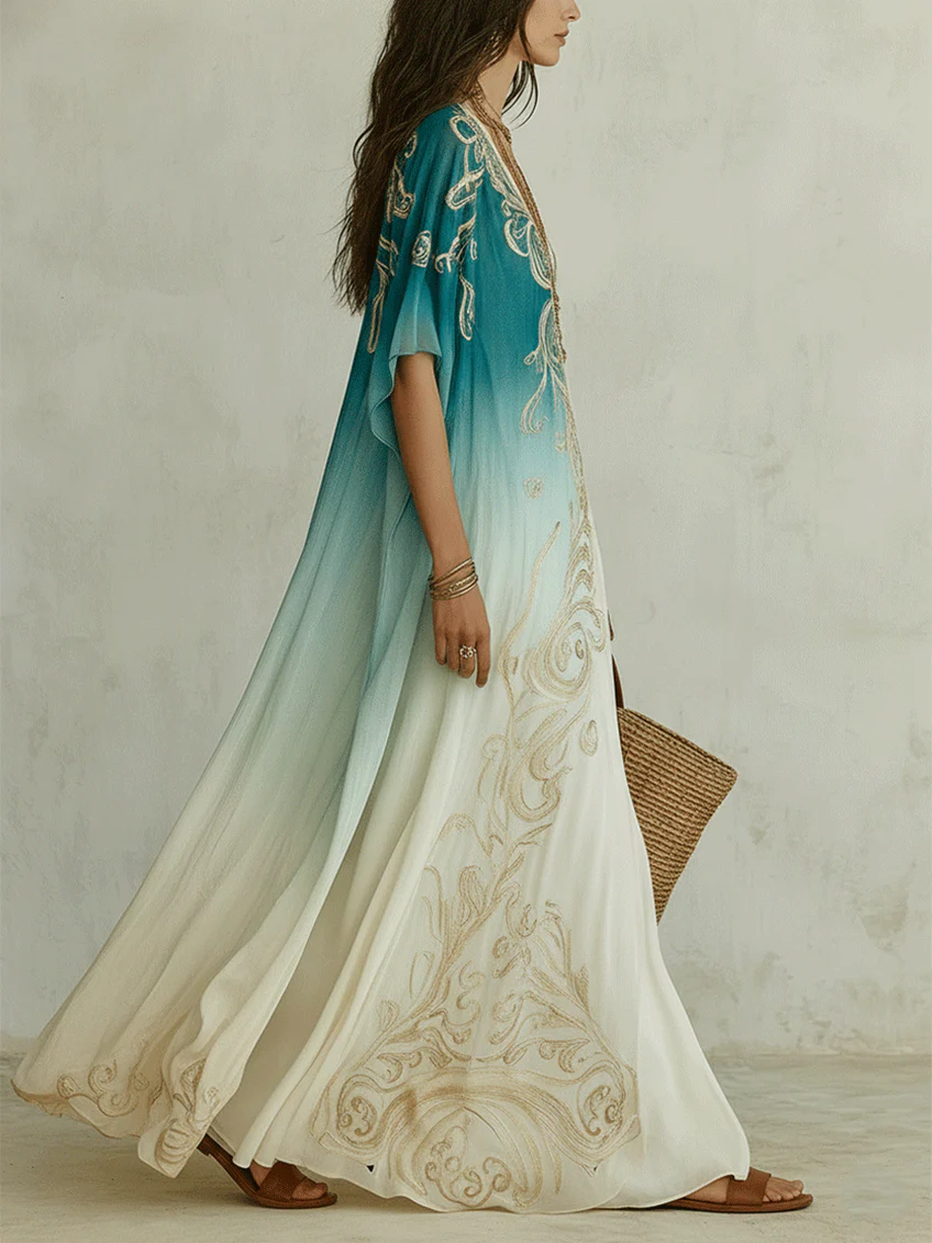Aqua Ombré Kaftan Maxi Dress