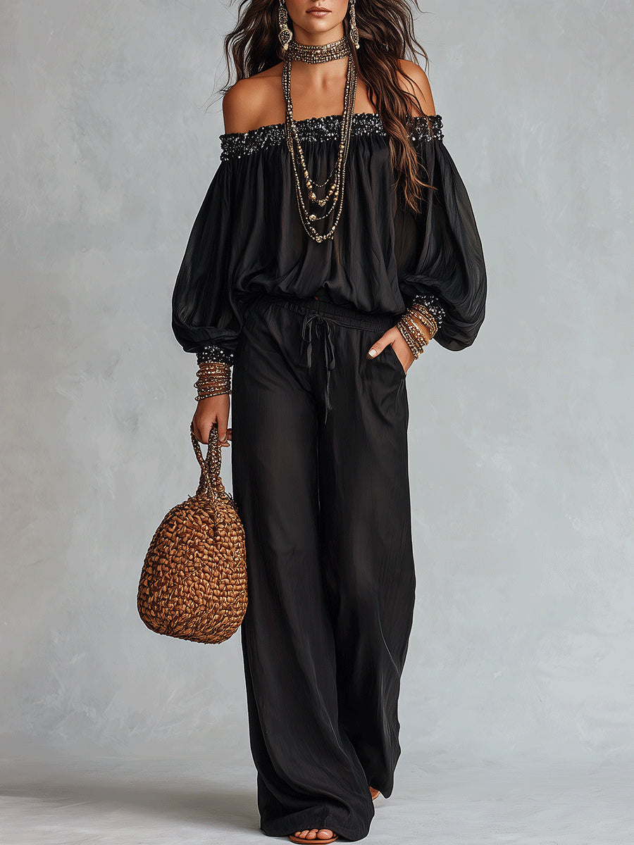Sequined Off-Shoulder Pants Set