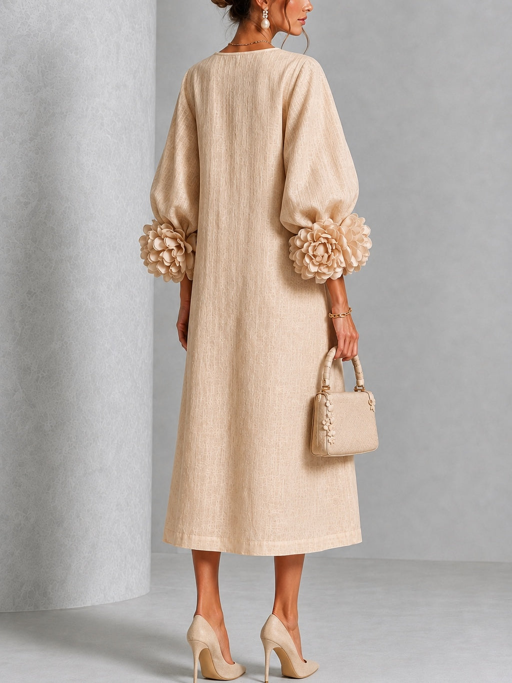 Floral Cuff Button Midi Dress