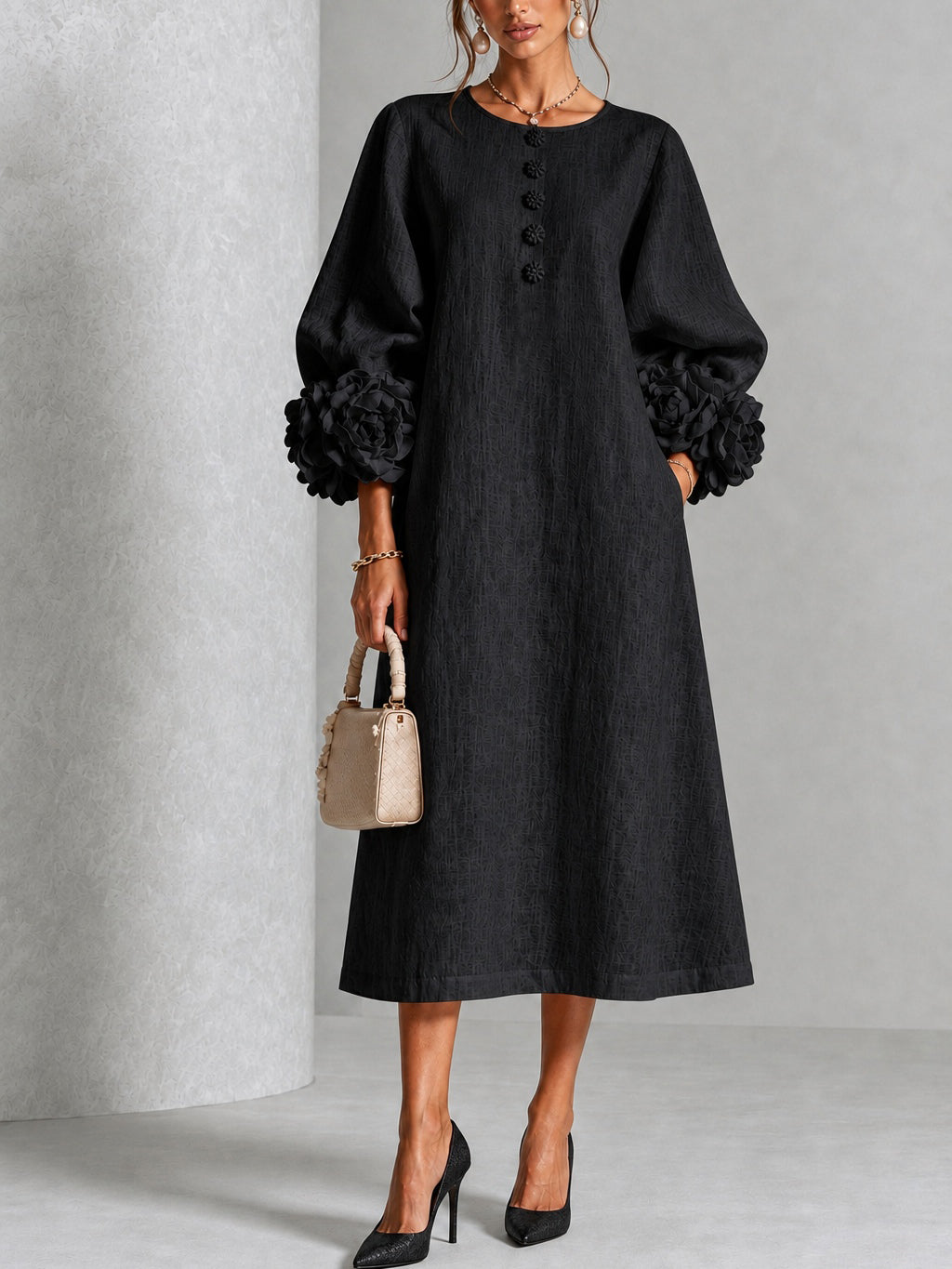 Floral Cuff Button Midi Dress