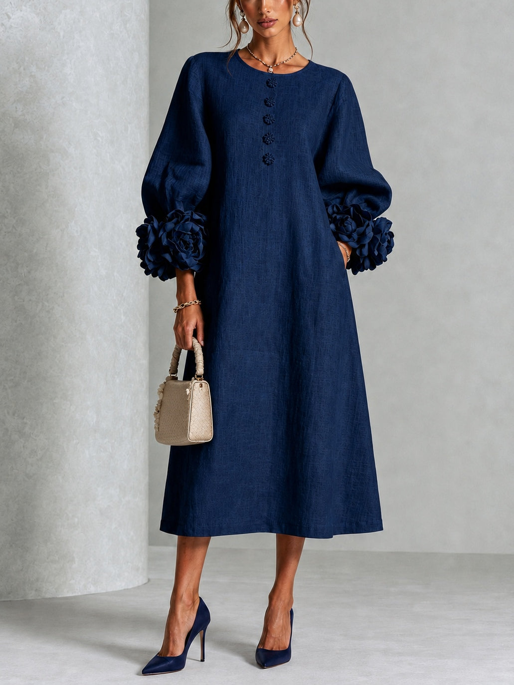 Floral Cuff Button Midi Dress