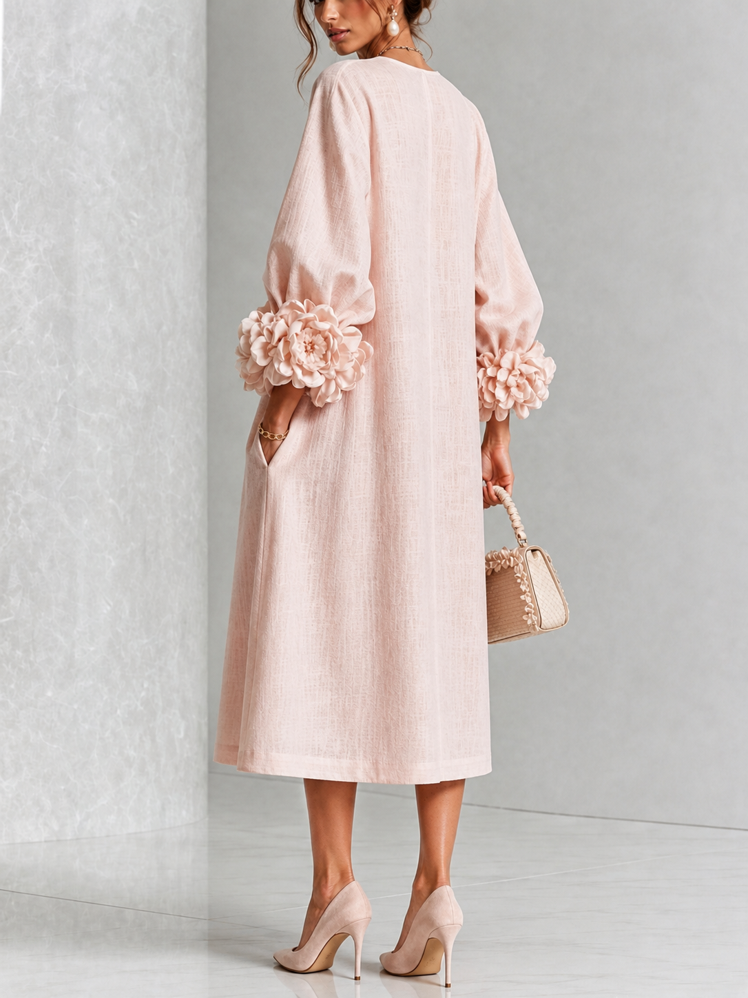 Floral Cuff Button Midi Dress